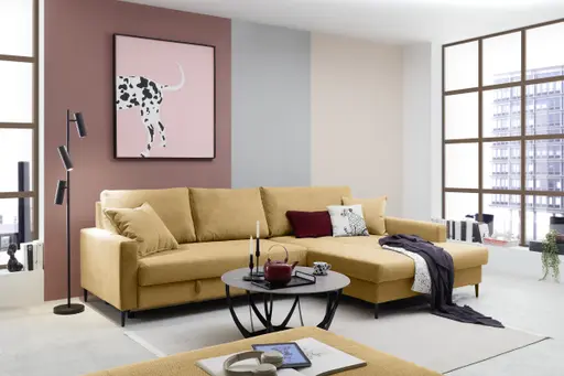 Ecksofa - 3-Sitzer mit Longchair rechts, Schlaffunktion mit Bettkasten, Stoff, Senfgelb