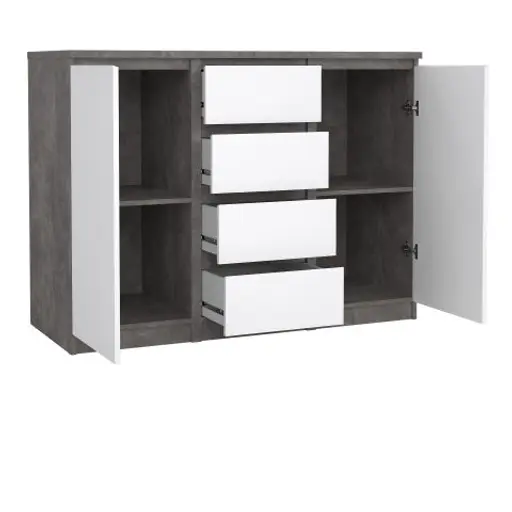 Kommode - B ca. 121 cm, Betonoptik, Weiß Hochglanz