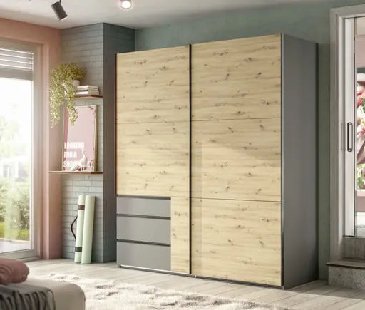 Schwebetürenschrank- B ca. 200 cm, Graphit, Eiche Dekor