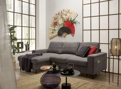 Ecksofa - Longchair links mit 2-Sitzer, Stoff, Mocca
