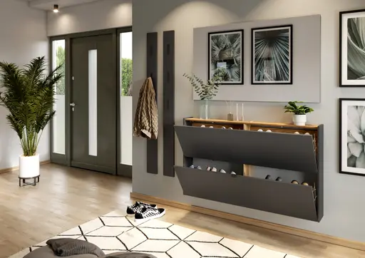 Schuhschrank GIANNA - B ca. 140 cm, Graphit, Navarra Eiche Nachbildung