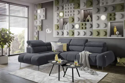 Ecksofa - Ecke links mit 2-Sitzer, Sitzvorzug motorisch, Kopfteil verstellbar, Stoff, Graphit