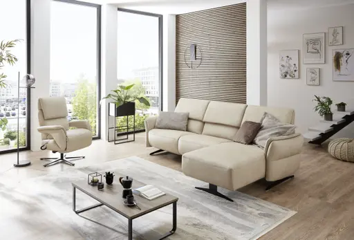 Ecksofa - 2-Sitzer mit Longchair rechts, Leder, Ecru