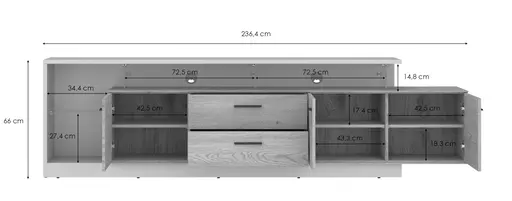 TV-Lowboard - B ca. 236 cm, Cremona Eiche Torro Nachbildung, Kaschmir