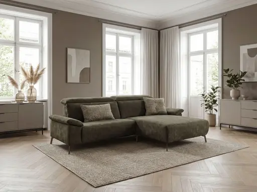 Ecksofa - 1,5-Sitzer mit Longchair rechts, Kopfteil verstellbar, Stoff, Olivgrün