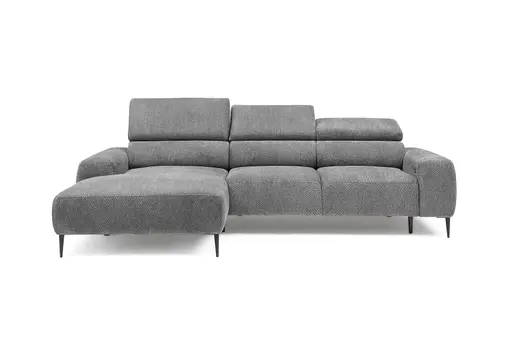 Ecksofa - Longchair links mit 2-Sitzer, Sitzvorzug motorisch, Kopfteil verstellbar, Stoff, Grau