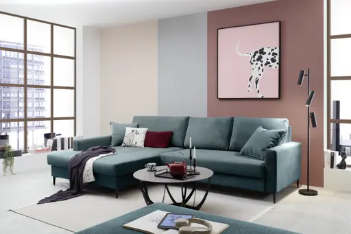 Ecksofa - Longchair links mit 3-Sitzer, Stoff, Azur