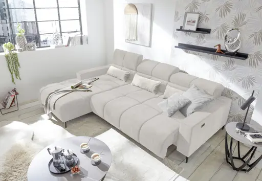 Ecksofa - Longchair links mit 2-Sizer, Sitztiefe verstellbar motorisch/Kopfteil verstellbar, Stoff, Creme
