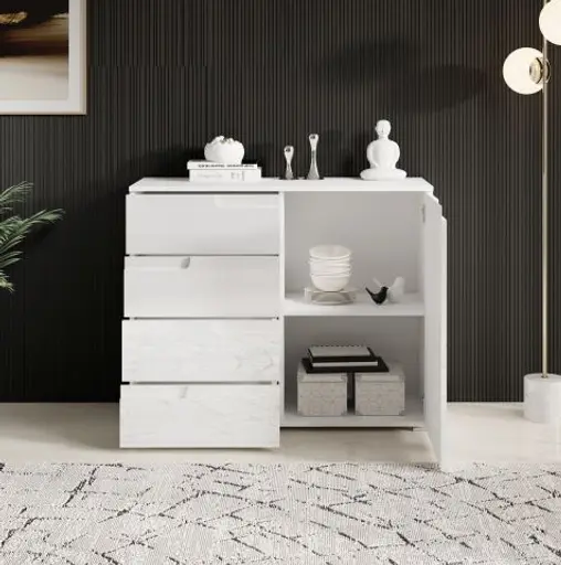 Kommode - B ca. 100 cm, Weiß, Weiß Hochglanz