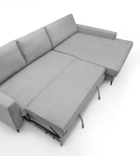 Ecksofa - 3-Sitzer mit Longchair rechts, Schlaffunktion mit Bettkasten, Stoff, Eisengrau