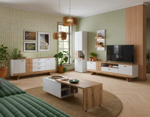 TV-Lowboard - B ca. 216 cm, Alpinweiß, Coast Evoke Eiche Nachbildung, Weiß Hochglanz