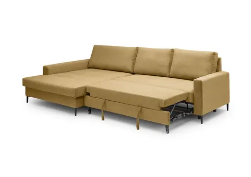 Ecksofa - Longchair links mit 3-Sitzer, Schlaffunktion mit Bettkasten, Stoff, Senfgelb