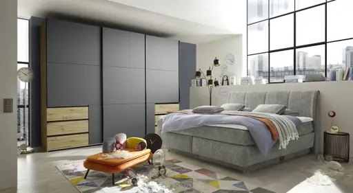 Schwebetürenschrank- B ca. 300 cm, Eiche Dekor, Graphit