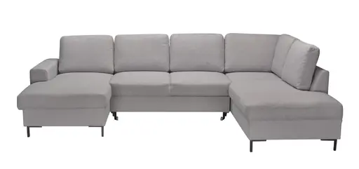Wohnlandschaft - Longchair links, 2-Sitzer, Ecke rechts inkl. Schlaffunktion und Bettkasten, Stoff, Hellgrau