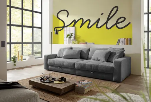 Big-Sofa Jella - 2-Sitzer, Schlaffunktion mit Bettkasten, Stoff, Grau