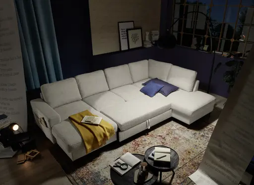 Wohnlandschaft - Longchair links mit 2-Sitzer und Ecke rechts, Stoff, Creme