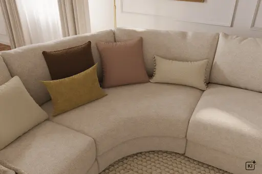 Ecksofa Almeria - Rundecke und Abschlussteil mit 2-Sitzer rechts, Stoff, Offwhite