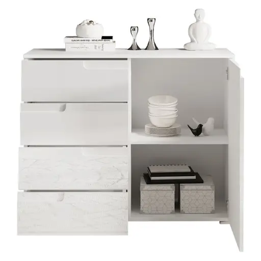 Kommode - B ca. 100 cm, Weiß, Weiß Hochglanz