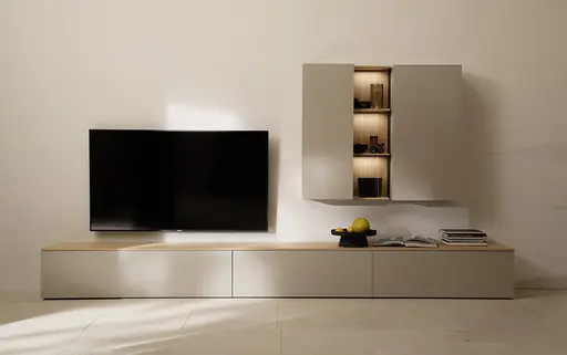 Wohnwand Venzone - B ca. 360 cm, Lack, Hellgrau, Eiche furniert