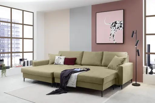 Ecksofa - Longchair links mit 3-Sitzer, Schlaffunktion mit Bettkasten, Stoff, Olive