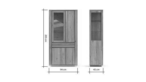 Vitrine Bakersfield - sichtbare Rückwand und Schublade geschroppt, Asteiche massiv, geölt