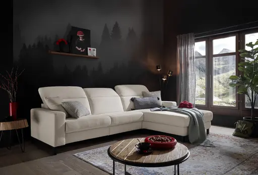 Ecksofa - CALM FLEX 2.0, 3-Sitzer mit Longchari rechts, Kopfteil verstellbar, Stoff, Weiß