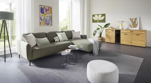 Ecksofa Leona - 3-Sitzer mit Longchair rechts inkl. Sitzvorzug motorisch, Stoff, Braungrün