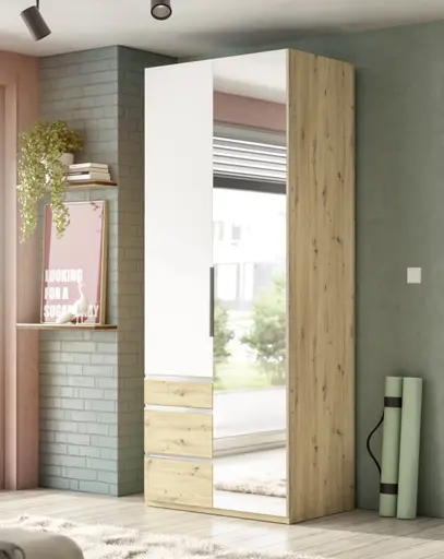 Drehtürenschrank- B ca. 100 cm, Eiche Dekor, Weiß, Spiegel