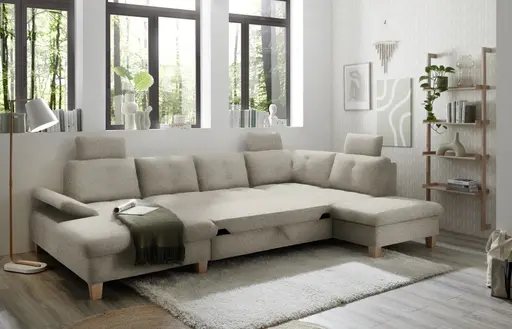 Wohnlandschaft - Ecke links, 2-Sitzer, Longchair rechts inkl. Schlaffunktion mit Bettkasten, Stoff, Hellgrau