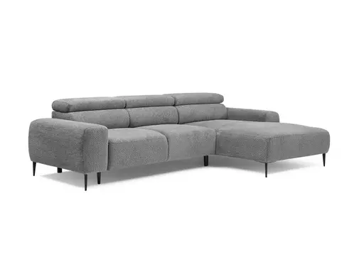 Ecksofa - 2-Sitzer mit Longchair rechts, Sitzvorzug motorisch, Kopfteil verstellbar, Stoff, Grau