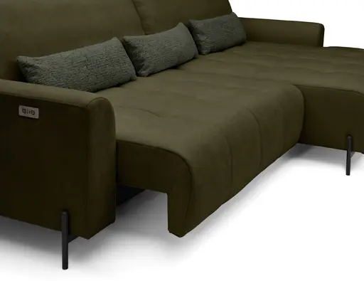 Ecksofa - 2-Sitzer mit Longchair rechts, Sitztiefe verstellbar motorisch, Stoff, Dunkelgrün