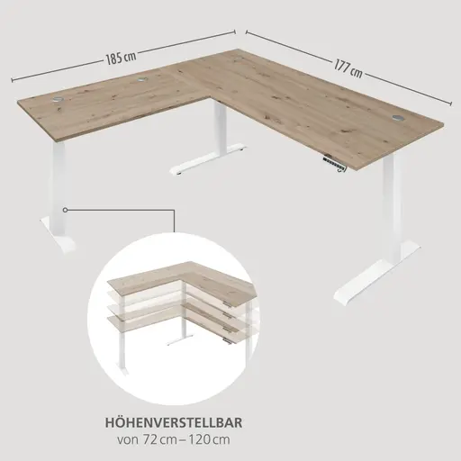 Winkelschreibtisch - höhenverstellbar, LB ca. 185x177 cm, Artisan Eiche Nachbildung, Weiß
