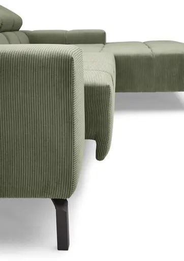 Ecksofa CLIVIA -  2-Sitzer mit Longchair rechts, Sitzvorzug motorisch, Kopfteil verstellbar, Feincord, Olive