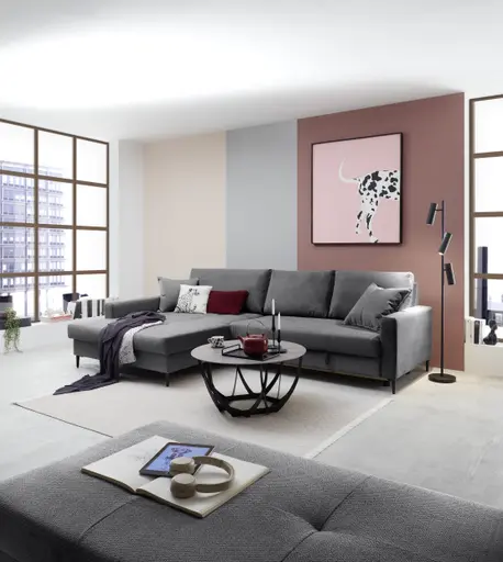 Ecksofa - Longchair links mit 3-Sitzer, Schlaffunktion mit Bettkasten, Stoff, Anthrazit