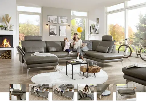 Wohnlandschaft - Longchair links mit 2,5-Sitzer und Ecke rechts, Leder, Dunkelgrau