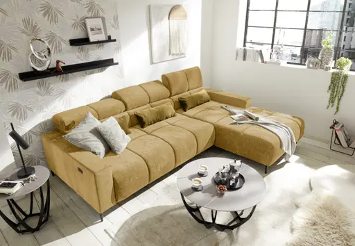 Ecksofa - 2-Sitzer mit Longchair rechts, Sitztiefe verstellbar motorisch/Kopfteil verstellbar, Stoff, Senfgelb