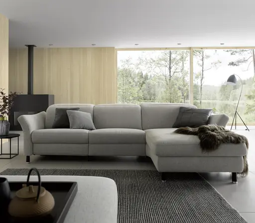 Ecksofa Rafaela - 3-Sitzer, Longchair rechts, Kopfteil verstellbar (manuell), Webstoff, Ecru