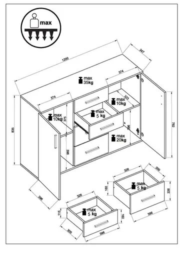 Kommode - B ca. 120 cm, Sonoma Eiche Nachbildung, Weiß