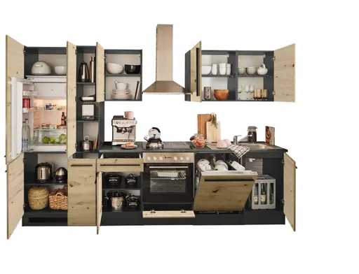 Küchenblock- Inkl. E-Geräte, B ca. 310 cm, Anthrazit, Eiche Dekor