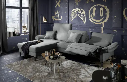 Ecksofa CALM PREMIUM 2.0 - Longchair links mit 3-Sitzer, Relaxfunktion motorisch, Armlehne verstellbar, Stoff, Anthrazit