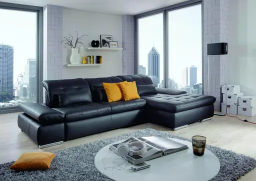 Sofa - 2-Sitzer mit Longchair rechts, inkl. Schwenkrückenfunktion, Leder, Schwarz