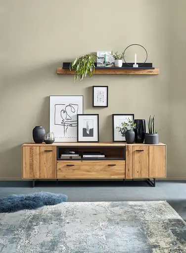 Lowboard Blackpool - Eiche massiv mit Metallrahmen schwarz und Holzbalken