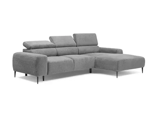 Ecksofa - 2-Sitzer mit Longchair rechts, Sitzvorzug motorisch, Kopfteil verstellbar, Stoff, Grau