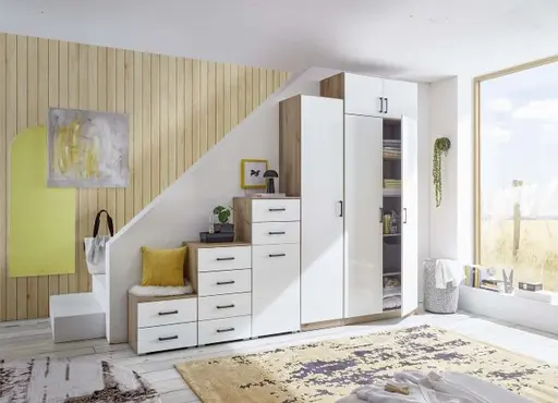 Aufsatzschrank RHONDA- B ca. 91 cm, Eiche Dekor, Weiß, Hochglanz