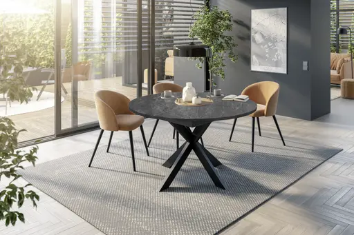 Esstisch - ausziehbar, Ø/H ca. 130x79 cm, Keramikoptik grau, Schwarz