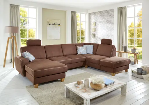 Wohnlandschaft - Longchair mit 2,5 Sitzer und Ottomane rechts, Stoff, Braun