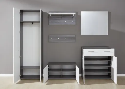 Garderobenschrank - Weiß Hochglanz, Grau