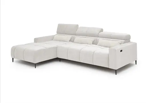 Ecksofa - Longchair links mit 2-Sizer, Sitztiefe verstellbar motorisch/Kopfteil verstellbar, Stoff, Creme