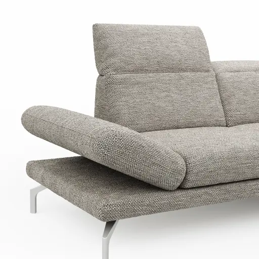 Ecksofa Elena - 2-Sitzer mit Longchair rechts, Kopfteil/Armlehne verstellbar, Stoff, Silbergrau