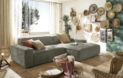 Ecksofa - 2-Sitzer mit Longchair rechts, Sitzvorzug motorisch, Stoff, Graubraun